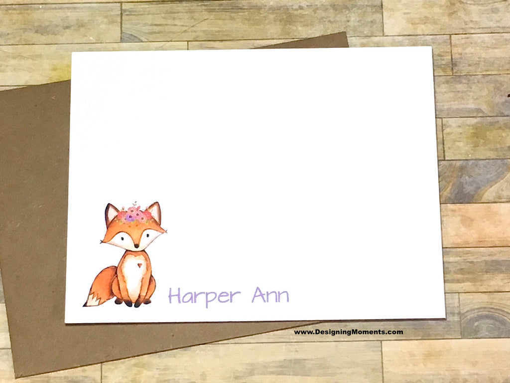 Fox Girls Watercolor Personalized Note Cards