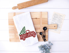 Vintage Red Christmas Truck and Tree Tea Towel