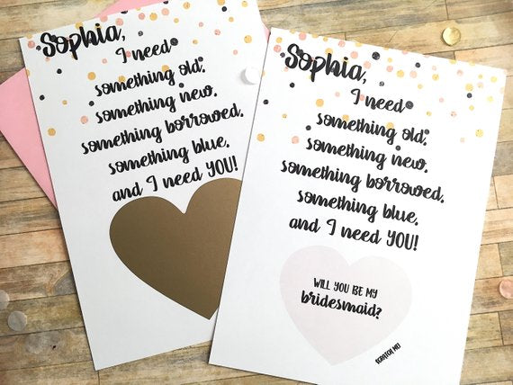 Old New Borrowed Blue Personalized Bridesmaid Scratch Off Proposal