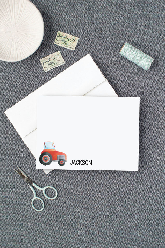 personalized red tractor note cards